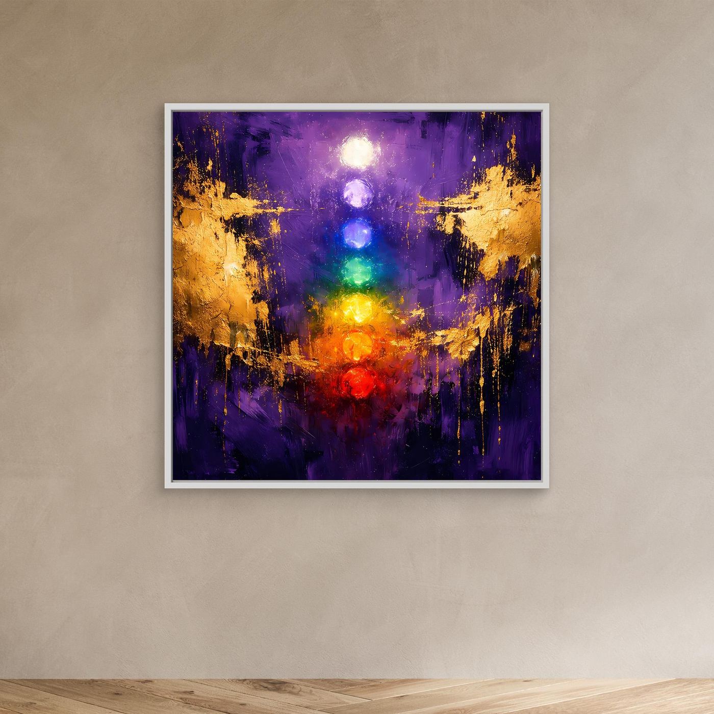 Leinwand Sieben Chakren auf tiefem Violett | Modernes Spirituelles Yoga Wandbild