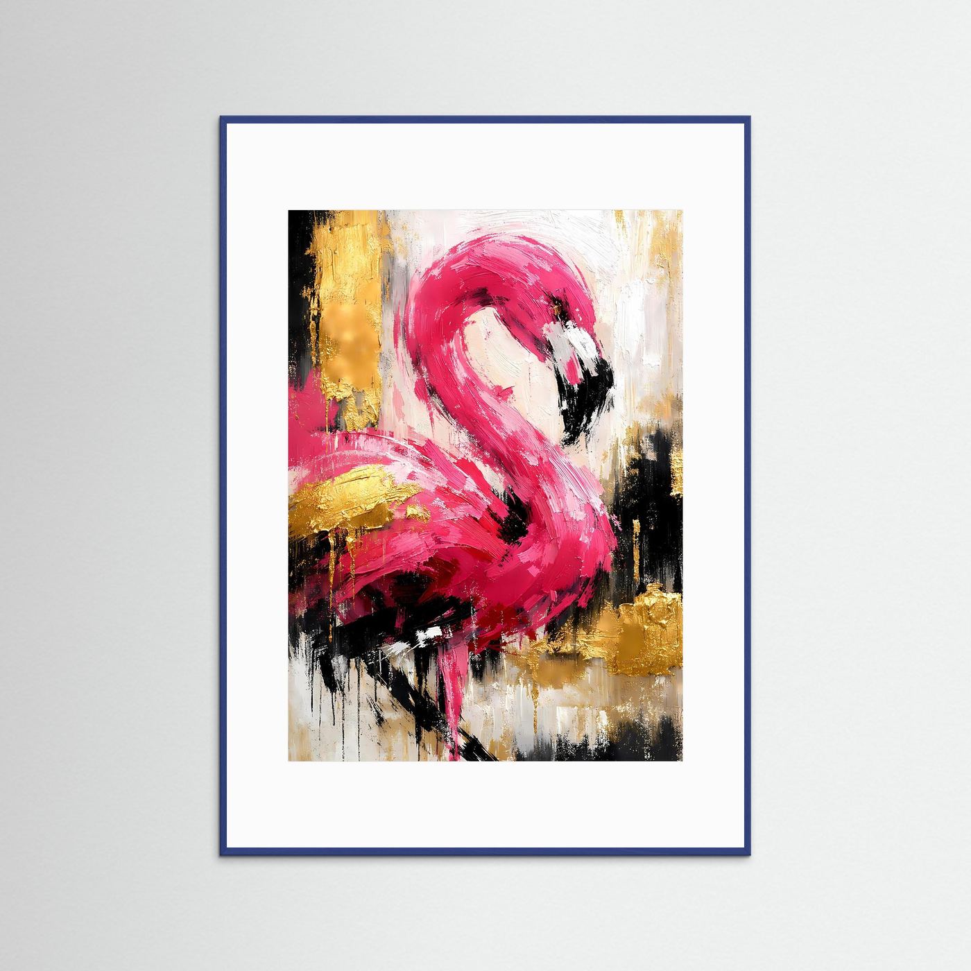 Abstraktes Flamingo-Poster, rosa Flamingo im Hochformat, mit blauer Einrahmung