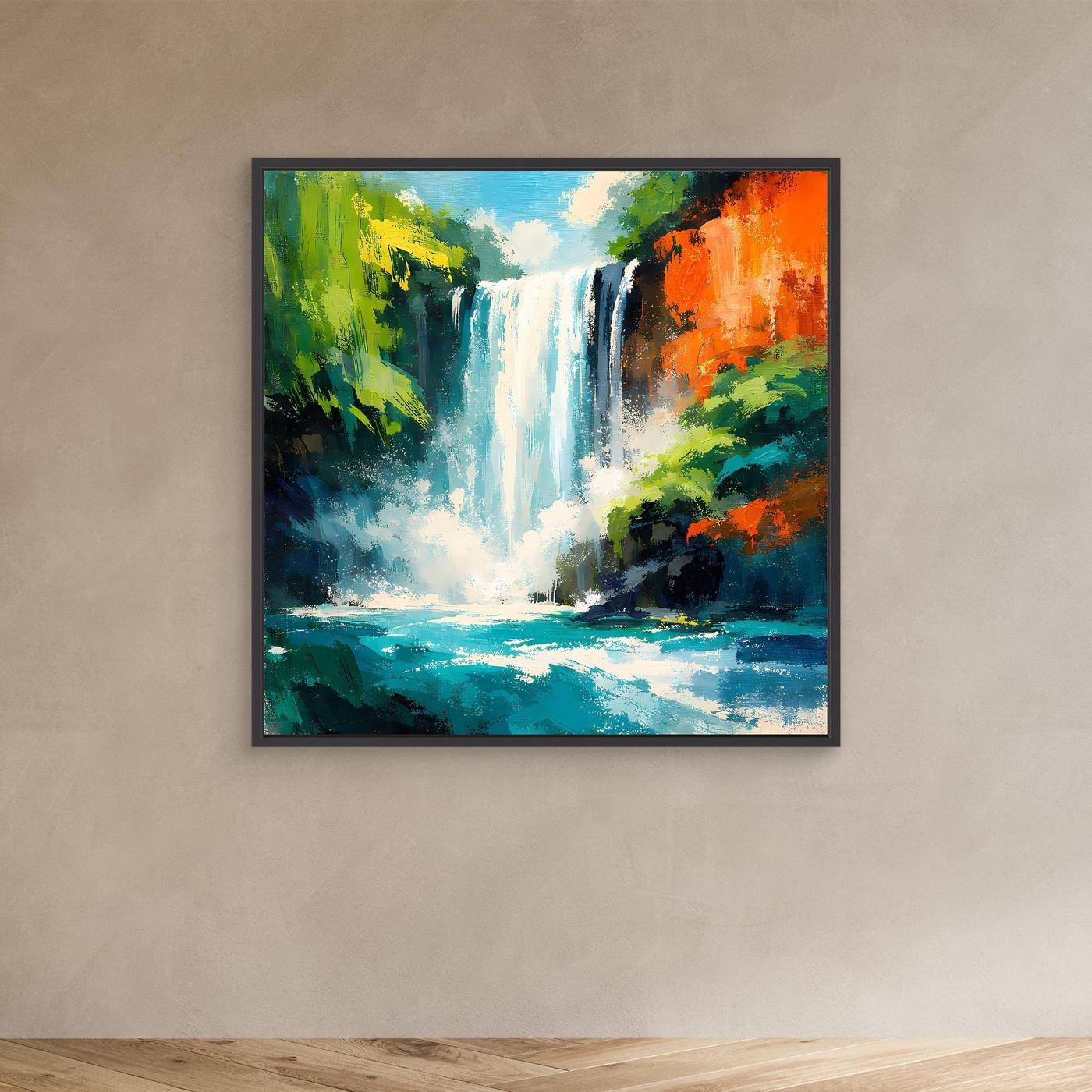 Leinwand-Wandbild mit Wasserfallmotiv, leuchtendes Blau und grün-orangene Dschungelpflanzen