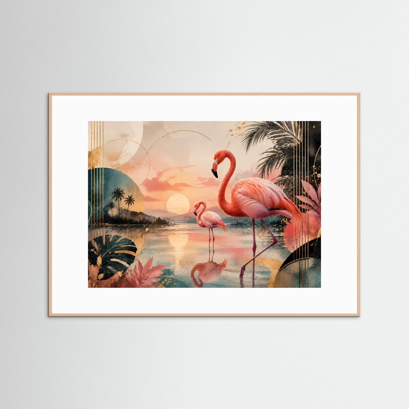 Elegante Flamingos in tropischer Lagune bei Sonnenuntergang | Exotische Flamingo Wandkunst in Rosa, Petrol, Gold & Creme | Modernes Tier Poster im Querformat mit Palmen und abstrakten Formen