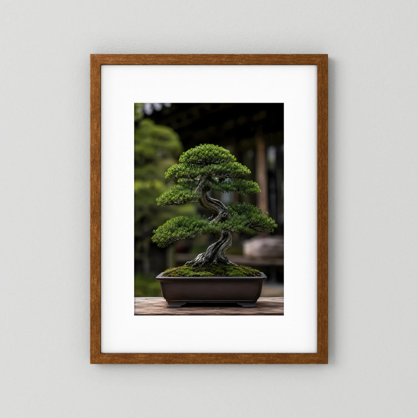 Hochformat-Poster mit Bonsai in Schale, grüne Krone und dunkler Stamm im braunen Holzrahmen.