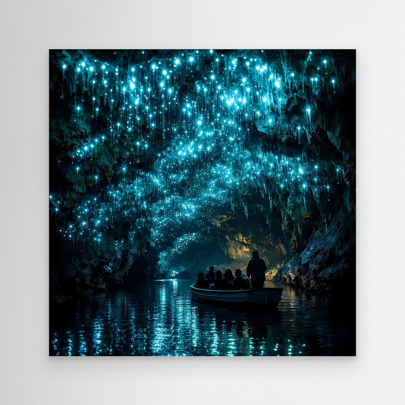 Leinwandbild mit glühenden Glühwürmchen in der Höhle und Boot auf dem See