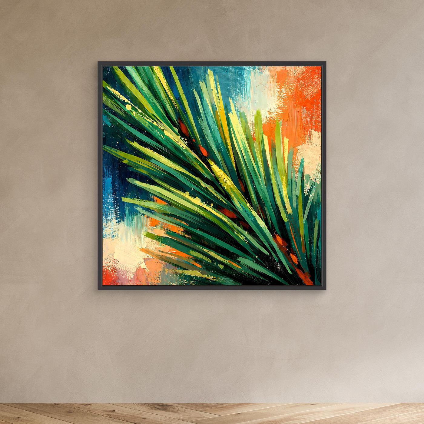 Abstraktes Leinwand-Wandbild mit grünen Linien, gelben Details und orangefarbenem Farbverlauf, schwarzer Rahmen