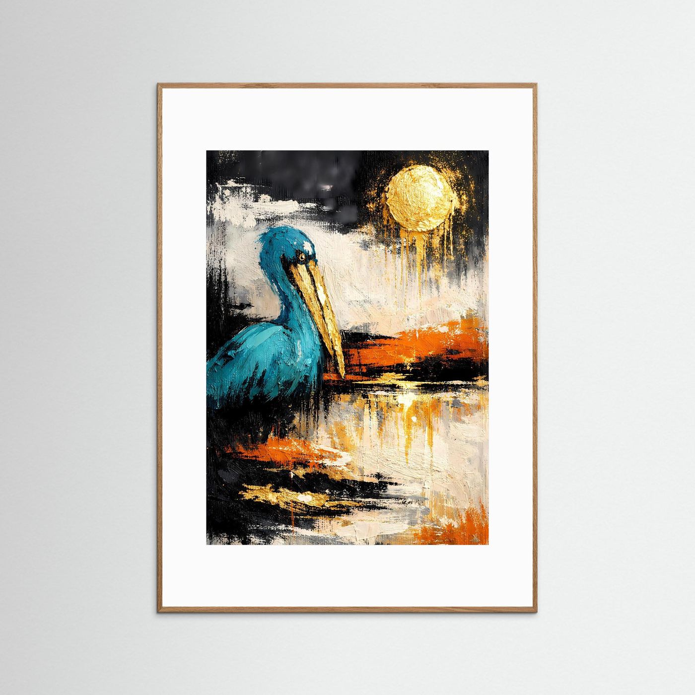 Kunstposter mit türkisem Vogel- und Goldmond-Motiv, hellbrauner Rahmen mit weißem Rand