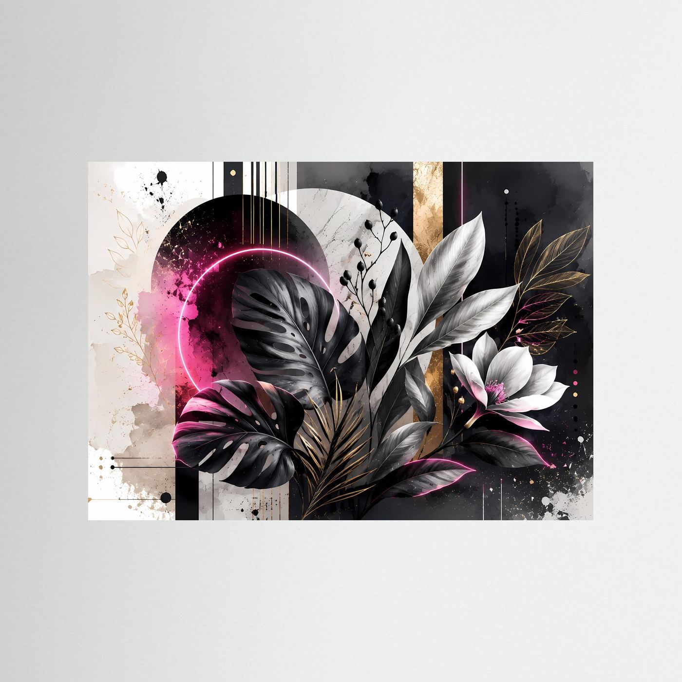 Abstrakte Botanik in Schwarz, Weiß & Pink | Monstera mit Neon & Gold – Moderne Wandkunst