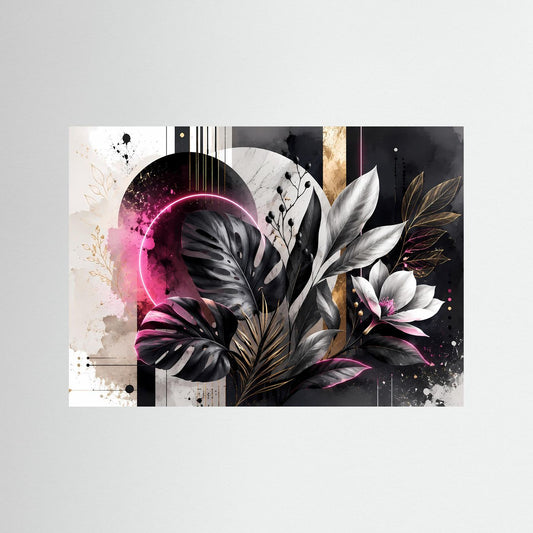 Moderne Wandkunst mit Monstera-Blättern, Neon-Pinkem Ring und goldenen Akzenten, ohne Rahmen.