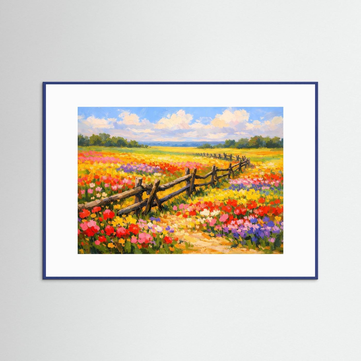 Poster Blühende Sommerwiese mit Holzzaun | Majestätisches Farbenfrohes Wandbild