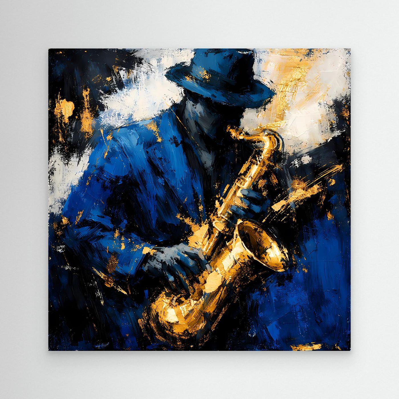 Leinwand Eleganter Jazz-Saxophonist in Blau und Gold | Abstraktes Musik Wandbild