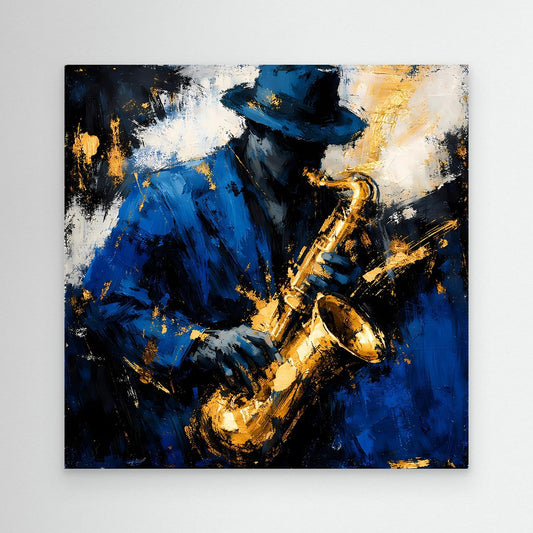Leinwandbild eines Jazz-Saxophonisten in Blau und Gold, ohne Rahmen