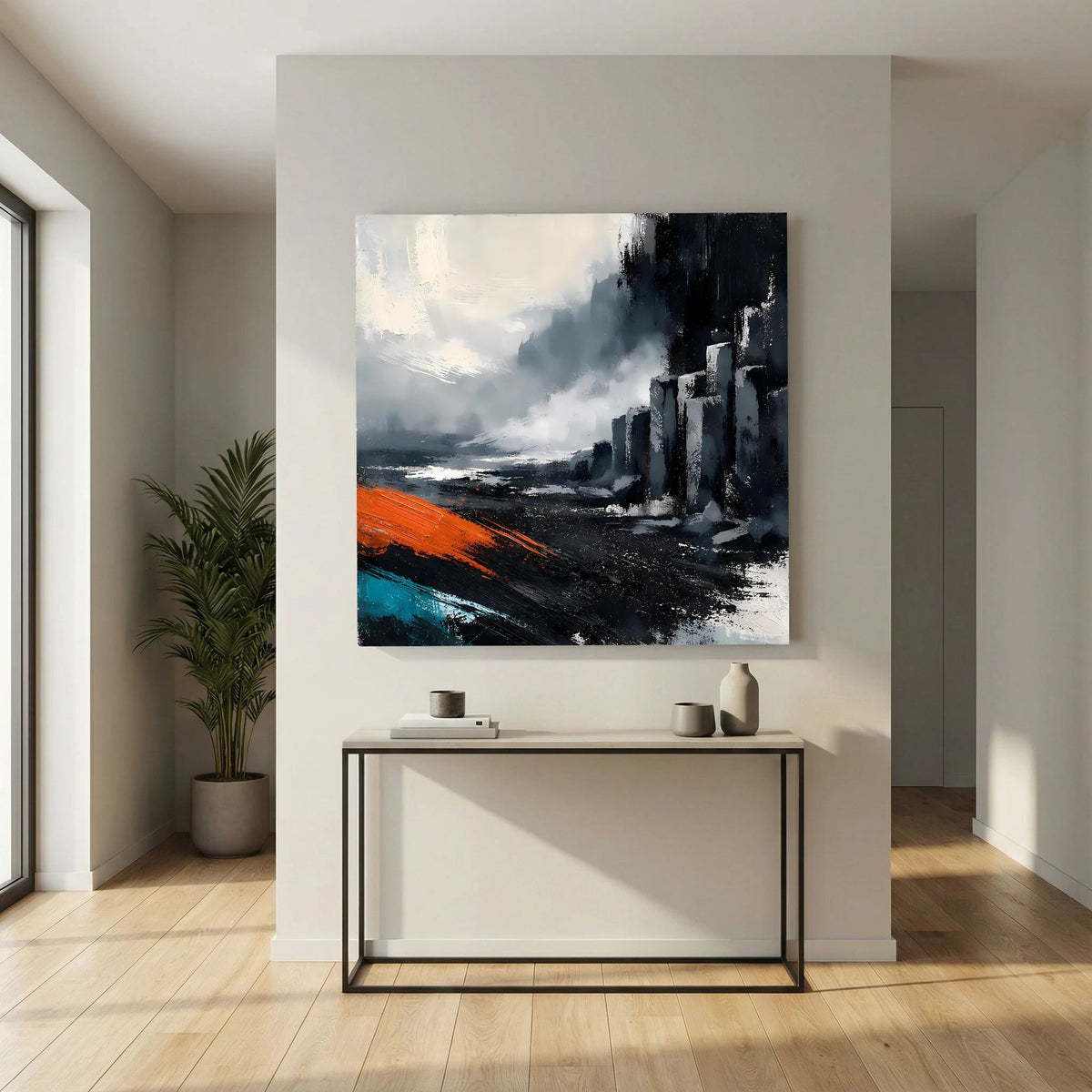 Leinwand Abstraktes Basaltsäulen Gemälde | Modernes Isländisches Vulkan Wandbild Schwarz Orange