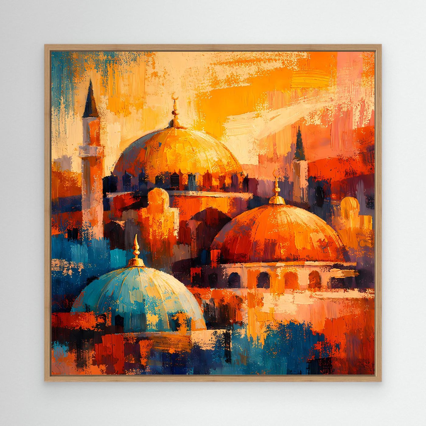 Abstraktes Leinwand-Wandbild mit Moschee, orange und blaue Kuppeln, braun gerahmt