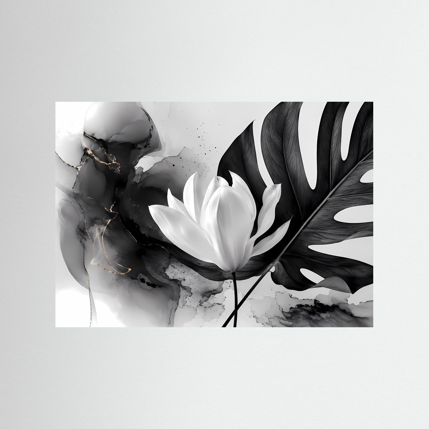 Schwarz Weiß Lotus Poster | Monstera Botanical Wandkunst | Minimalistische Blumen Kunst | Moderne Leinwand | Monochrome Natur mit Goldakzenten