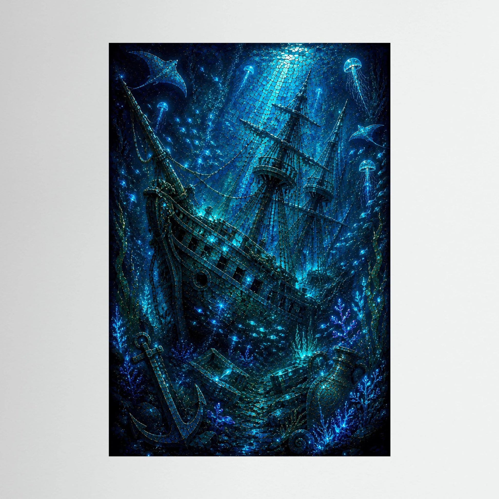Kunstposter mit versunkenem Geisterschiff in tiefem Blau, hochformat