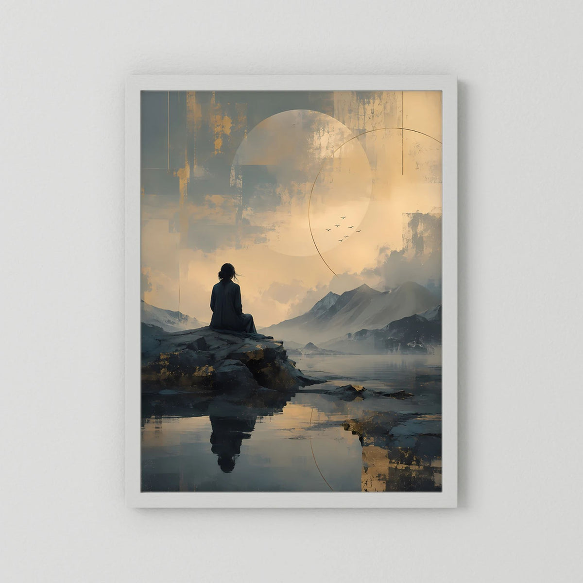 Poster im Hochformat mit weißem Rahmen und abstrakter Berglandschaft, sitzende Person und Wolken.