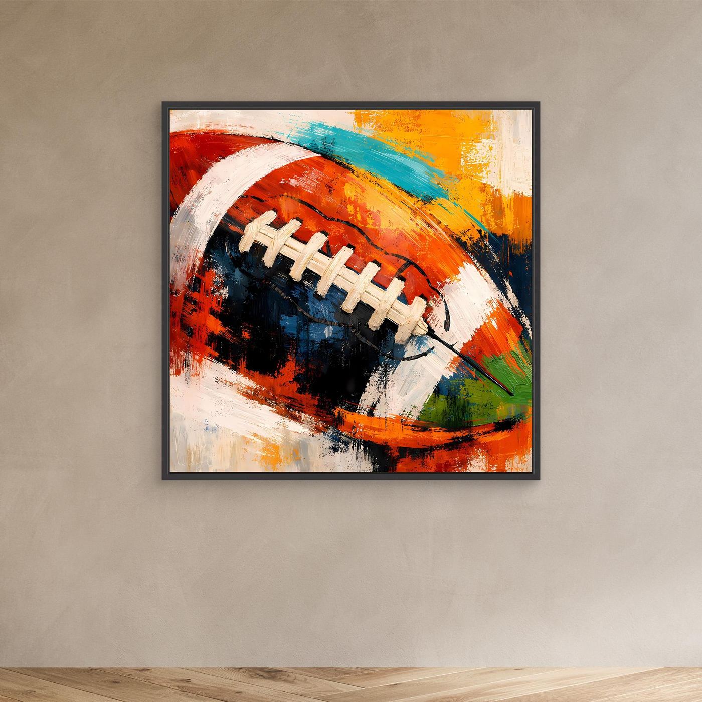 Leinwandbild mit abstraktem American-Football-Motiv, schwarzer Rahmen