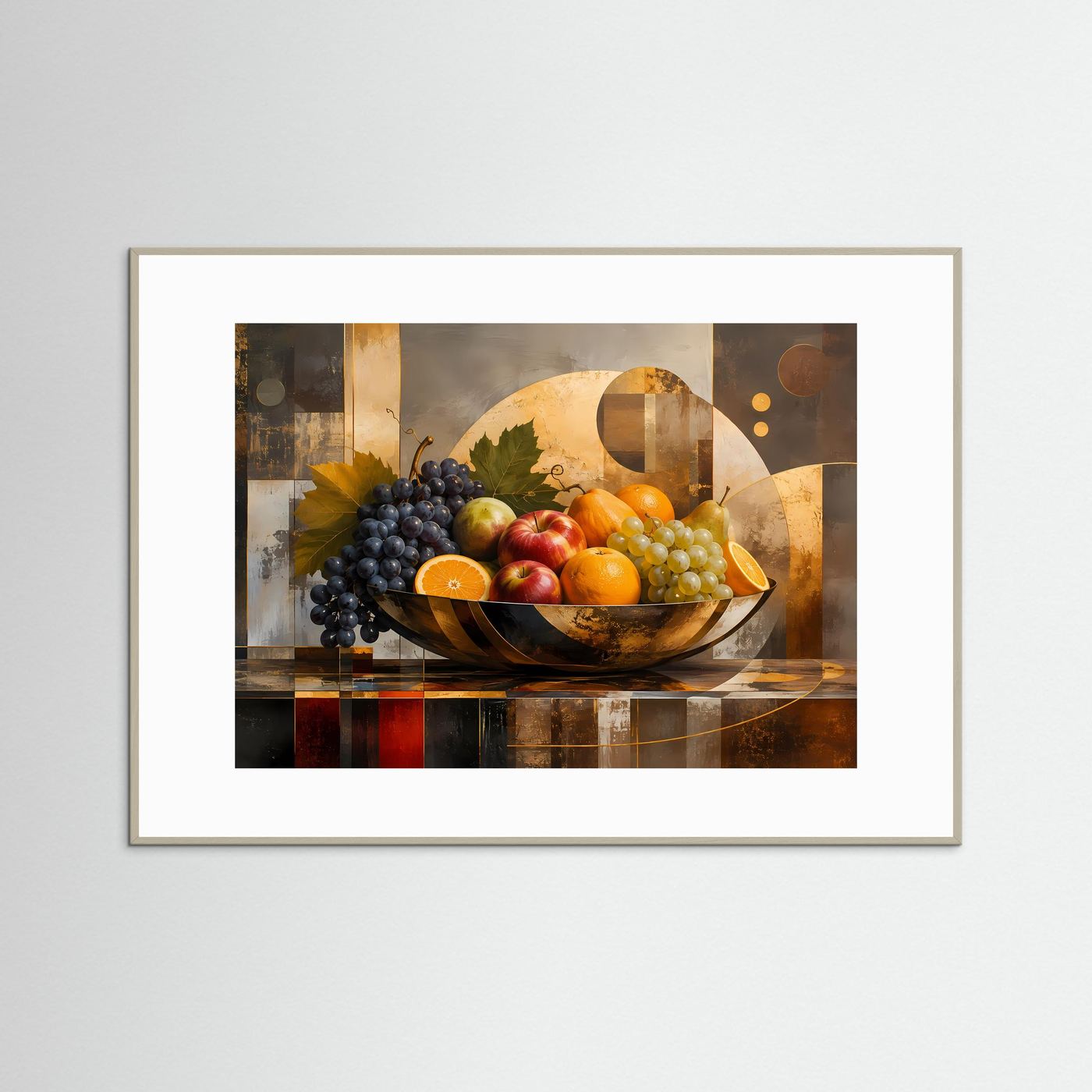 Poster im weißen Rahmen mit Fruchtschale, Trauben, Äpfeln und Orangen