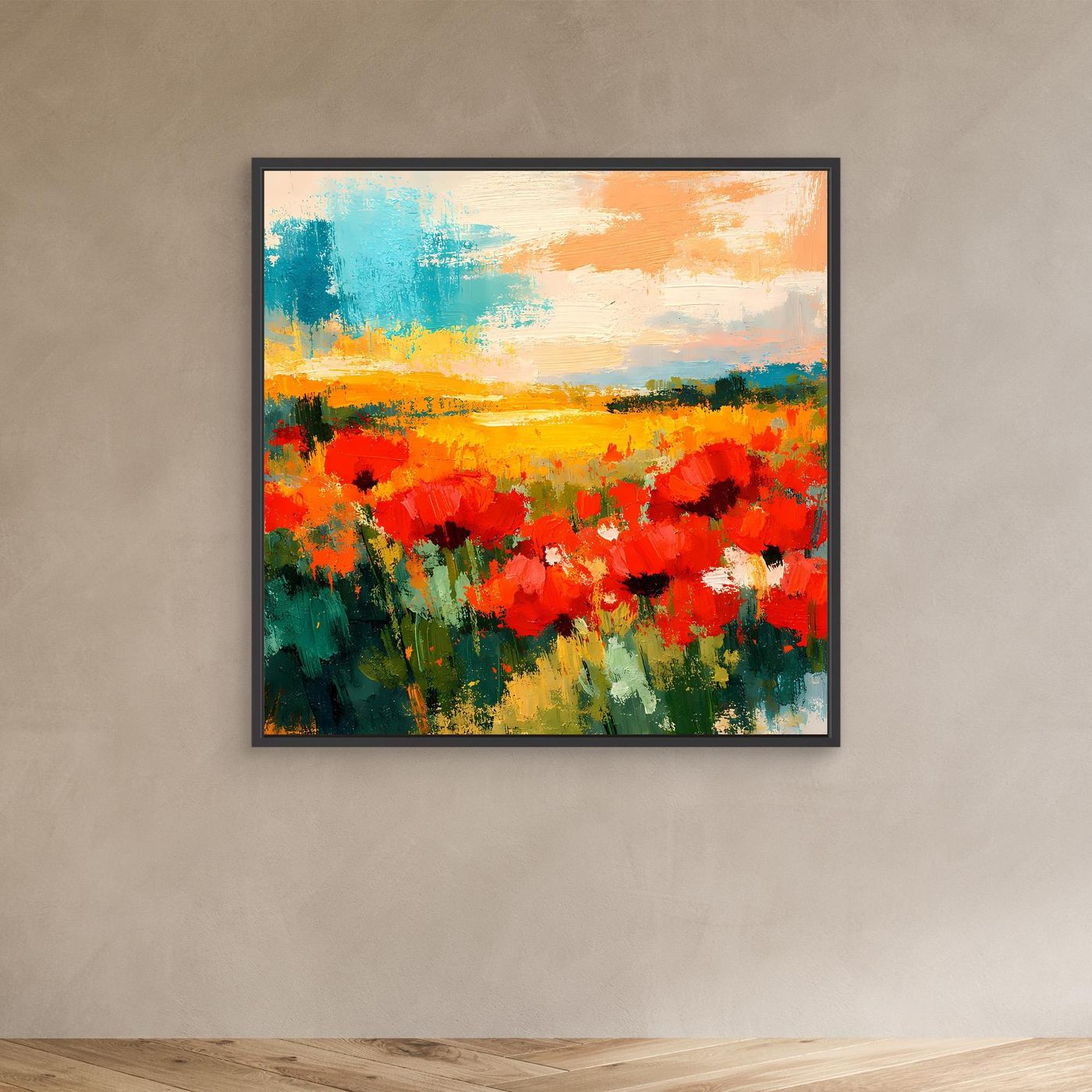 Abstract poppy field canvas wall art with dark frame, red blooms and orange-yellow sky