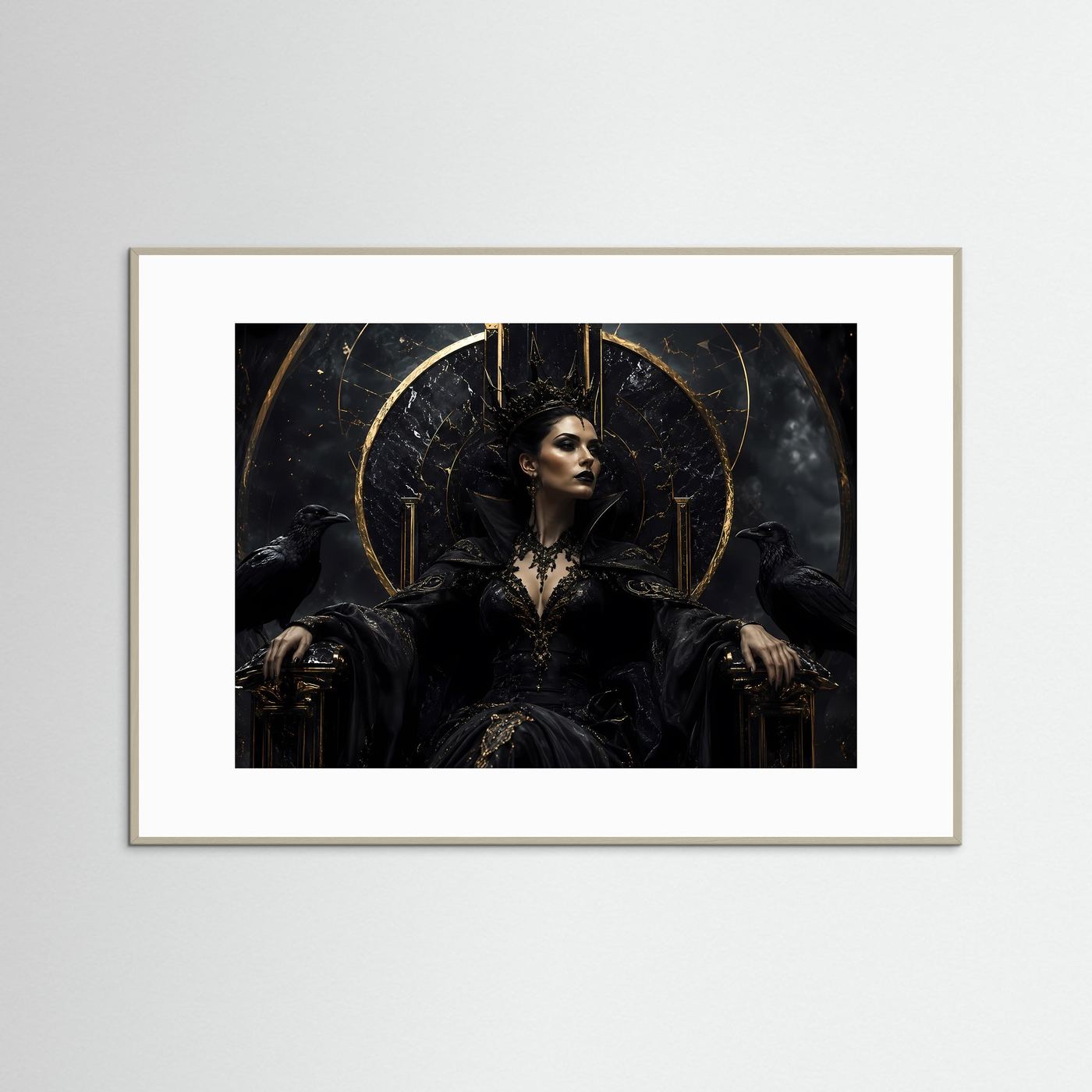 Dunkle Königin auf Marmorthron – Gothic Fantasy Motiv mit Krone & Raben