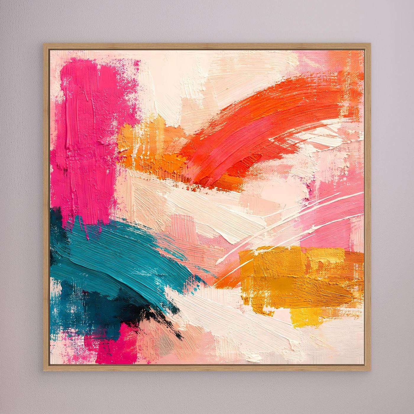 Abstraktes Leinwand-Wandbild mit pastellfarbenen Pinselstrichen und Holzrahmen