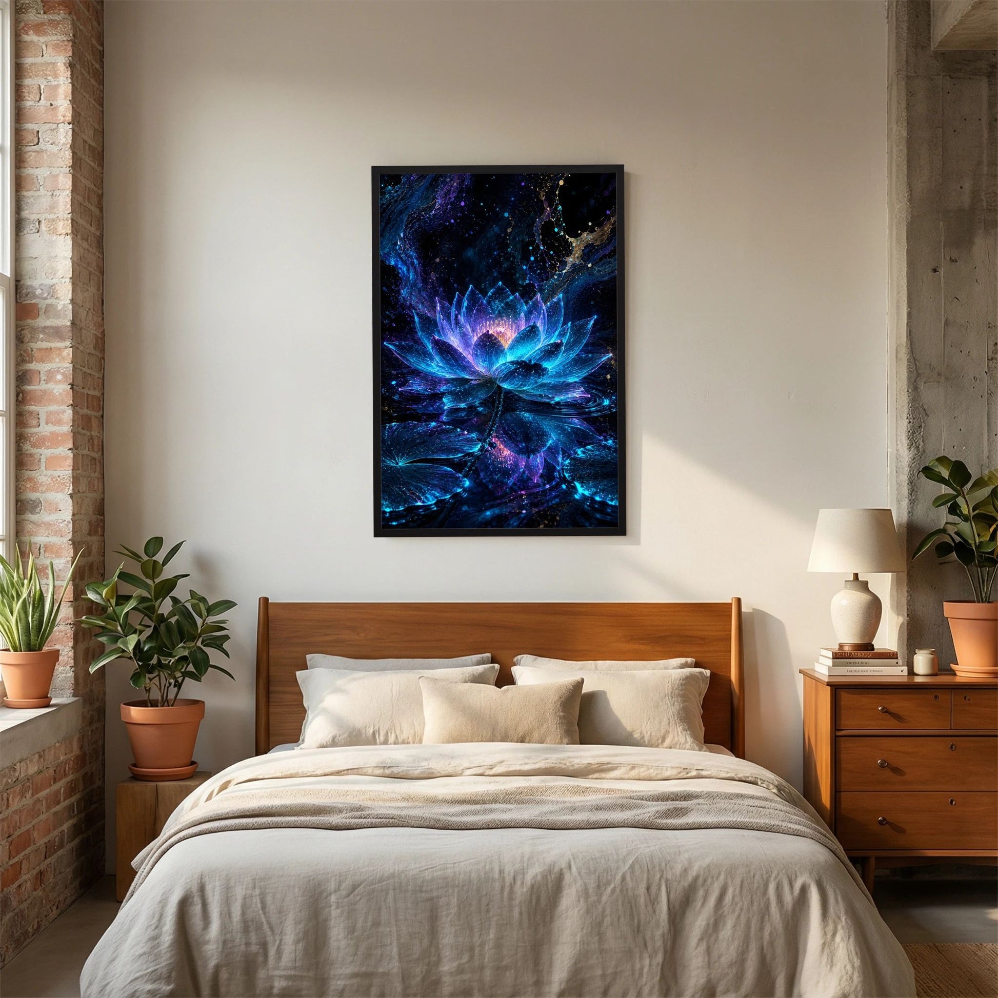 Kunstposter mit leuchtender Lotusblüte in Blau im schwarzen Rahmen, Hochformat.