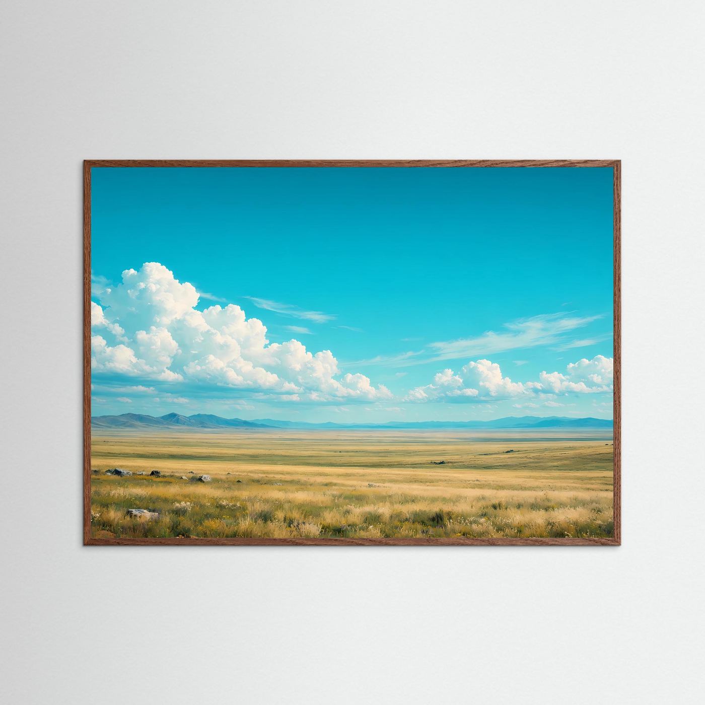Landschafts-Panorama-Poster im dunklen Holzborde, gelbe Steppe mit blauem Himmel