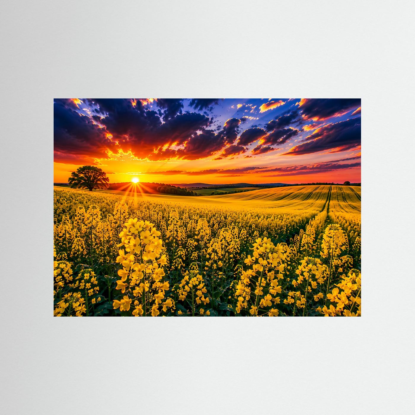 Rapsfeld Wandbild im Sonnenuntergang | Landschaft Poster mit gelben Blumen