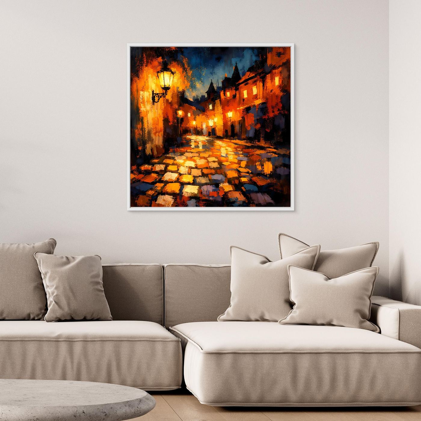 Leinwand Abstraktes Altstadt Gemälde | Modernes Romantisches Gassen Wandbild bei Nacht