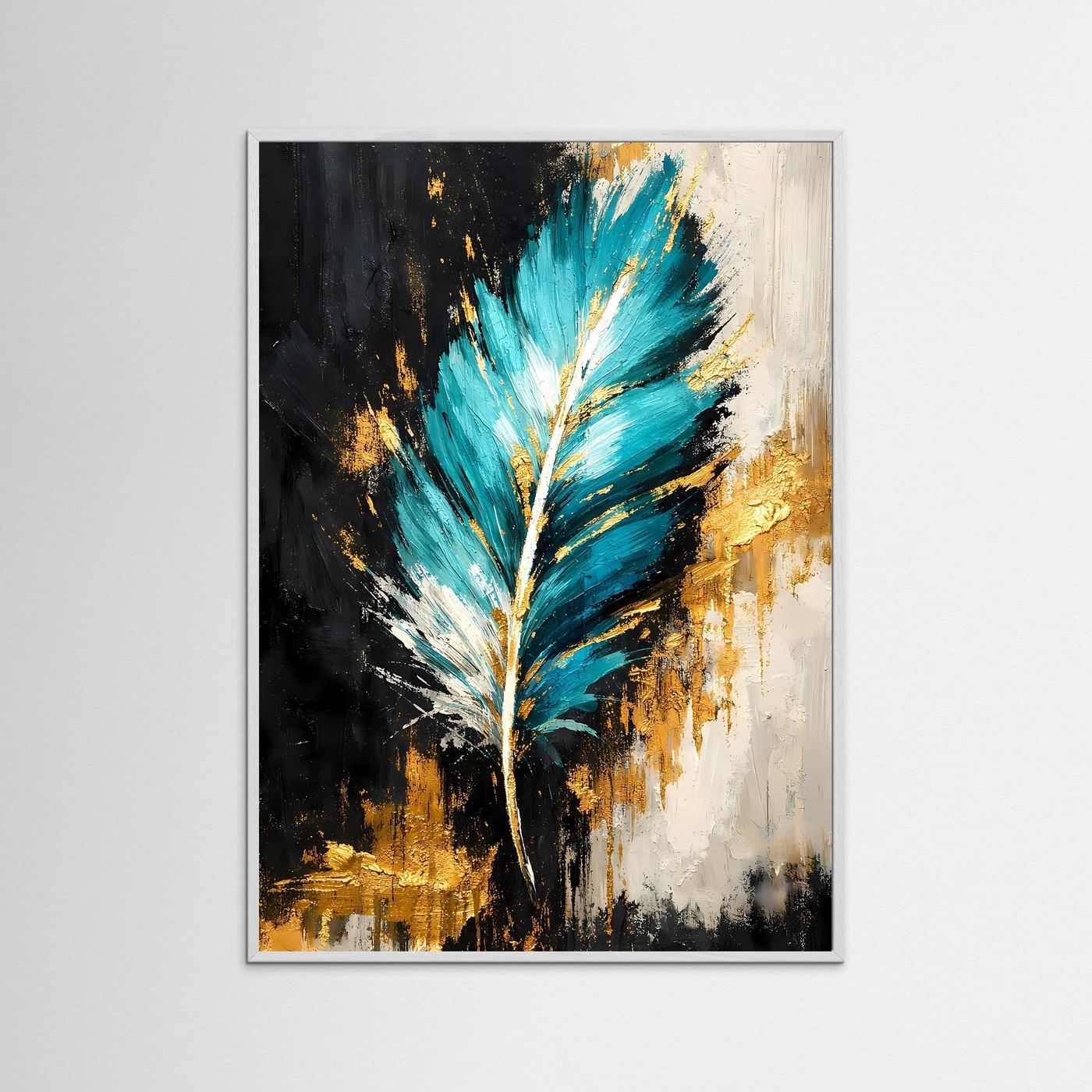 Abstraktes Feder-Wandbild mit türkisblauer Feder, goldenen Akzenten und grauem Rahmen