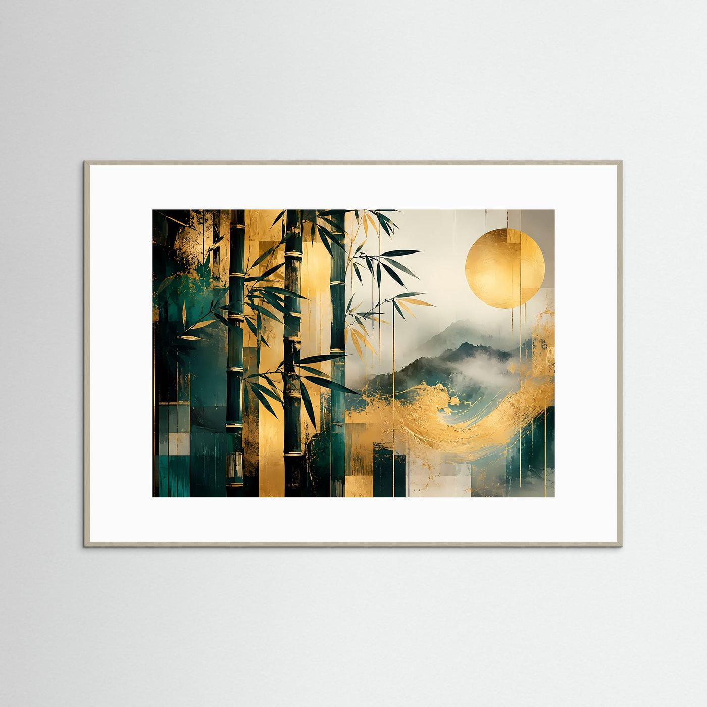 Bambus Gold Poster | Japanische Landschaft Wandbild Modern | Abstrakte Zen Kunst mit Bergen und Sonne