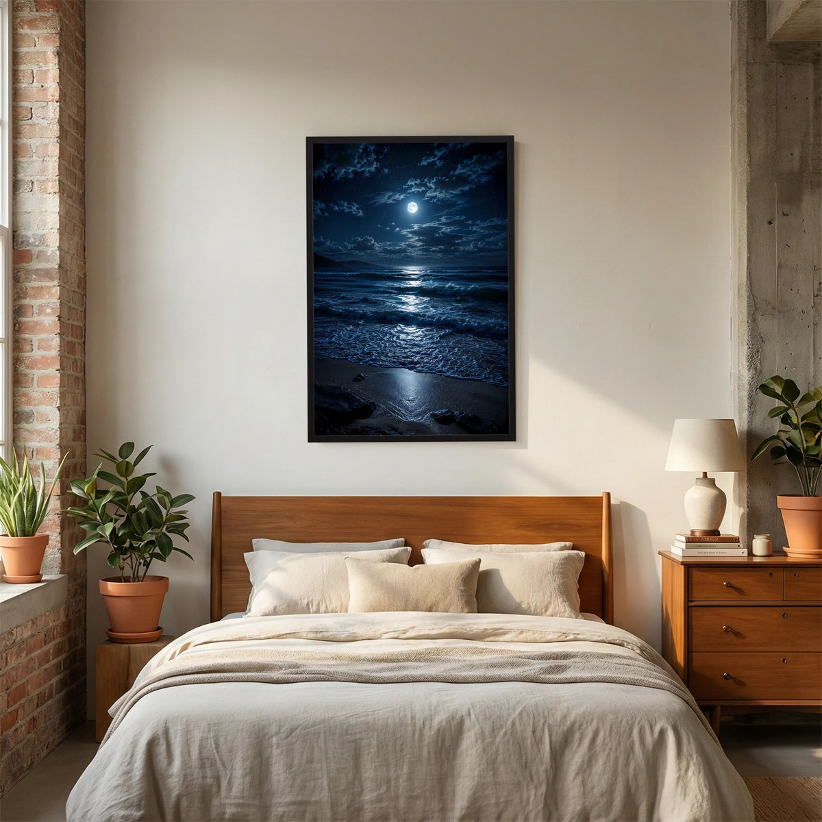 Gerahmtes Hochkant-Poster mit Mond über dem Meer in tiefem Blau, schwarzer Rahmen