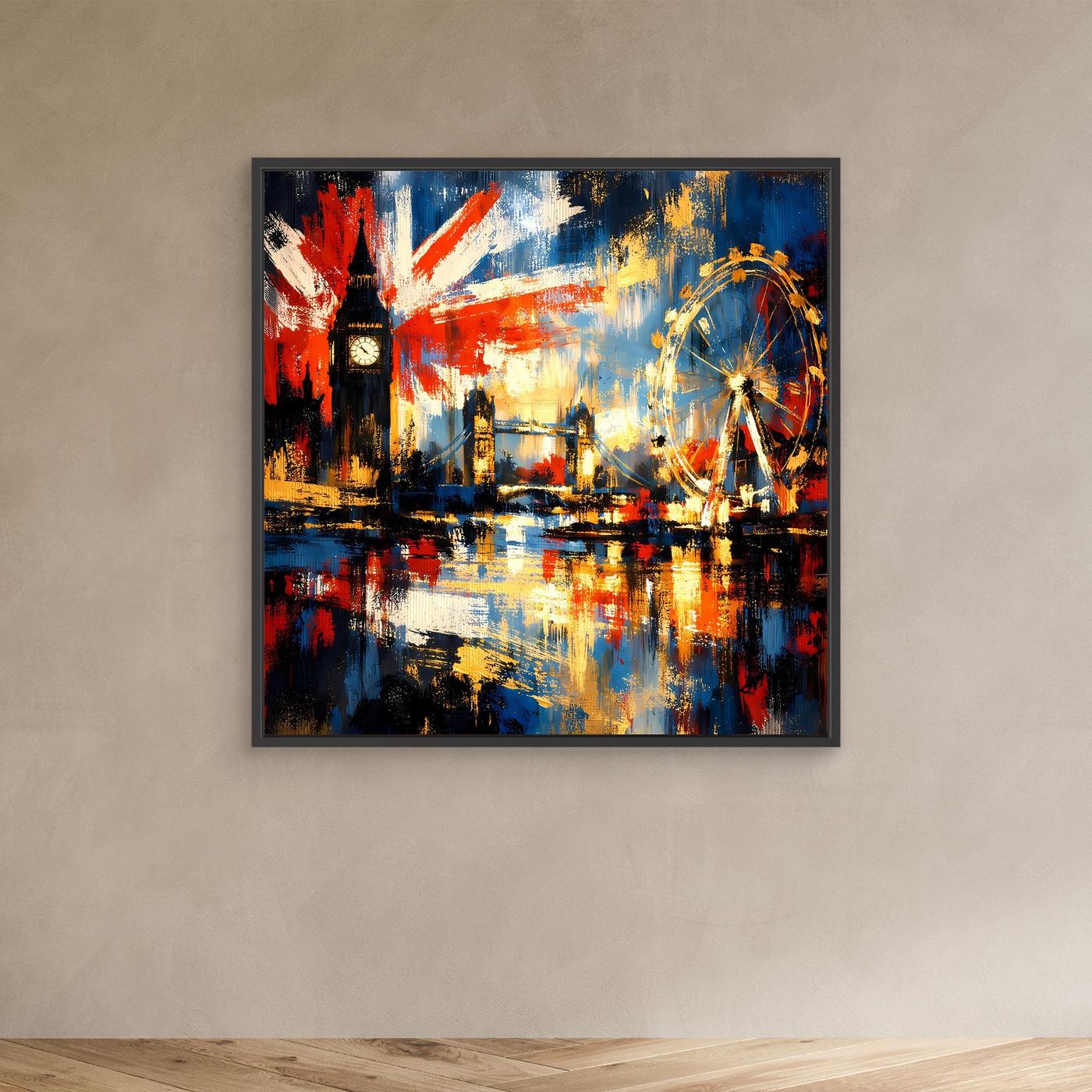Leinwandbild mit London-Skyline und UK-Flagge, farbige Pinselstruktur, schwarzer Rahmen