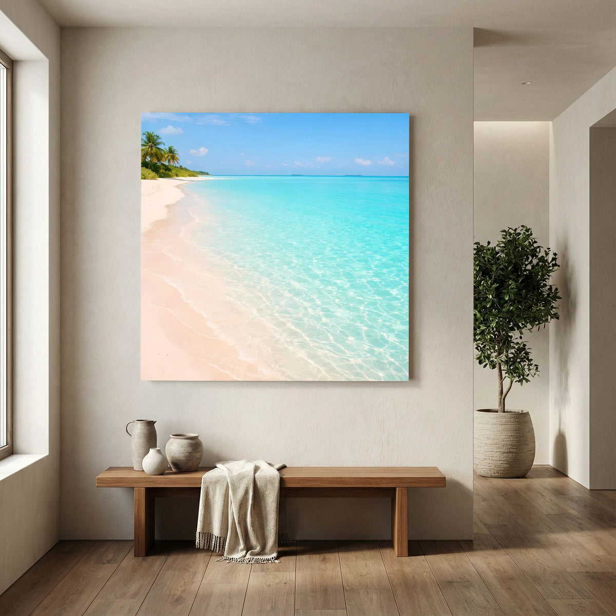 Leinwandbild: tropischer Sandstrand mit türkisblauem Wasser und Palme