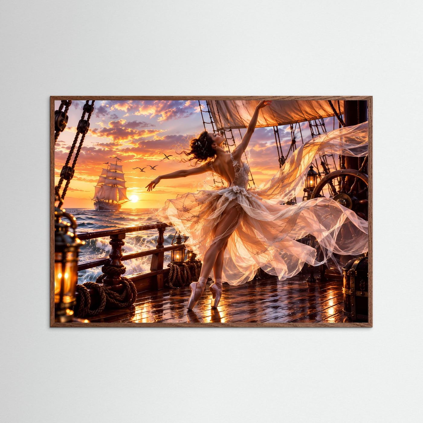 Ballerina auf Segelschiff Poster | Romantische Meereskunst | Sonnenuntergang Wandbild | Elegante Tanzkunst | Premium Leinwandbild