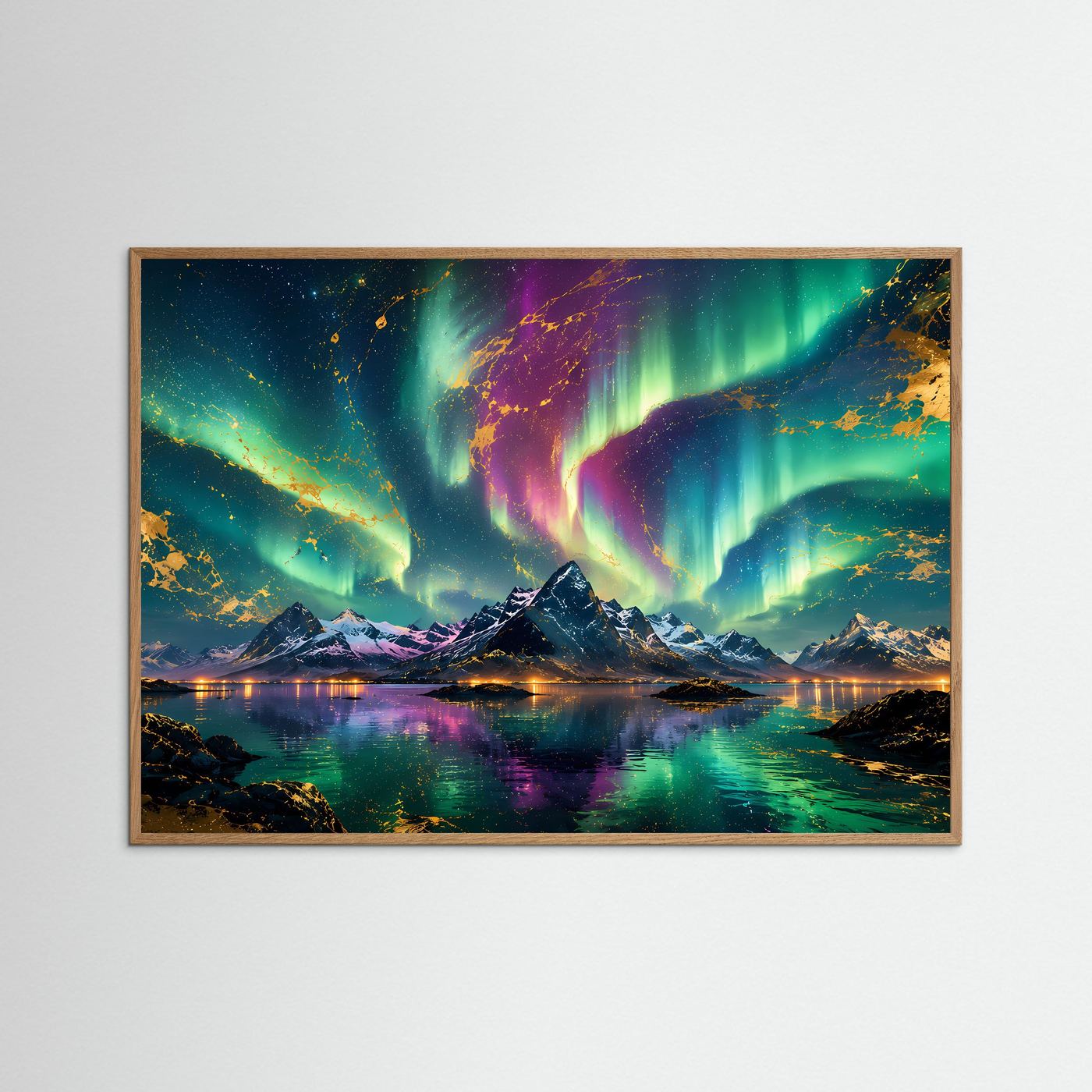 Nordlichter Poster | Aurora Borealis über Bergen | Abstrakte Landschaftskunst mit Gold | Polarlichter Wandbild | Premium Leinwand & Moderne Wall Art