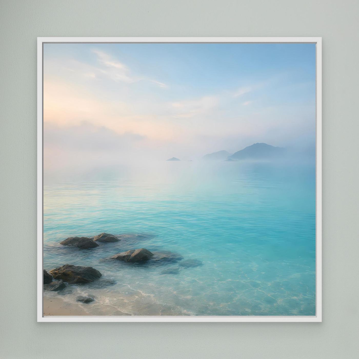 Meerbild auf Leinwand mit weißem Rahmen: türkisfarbenes Wasser und Nebel über dem Horizont