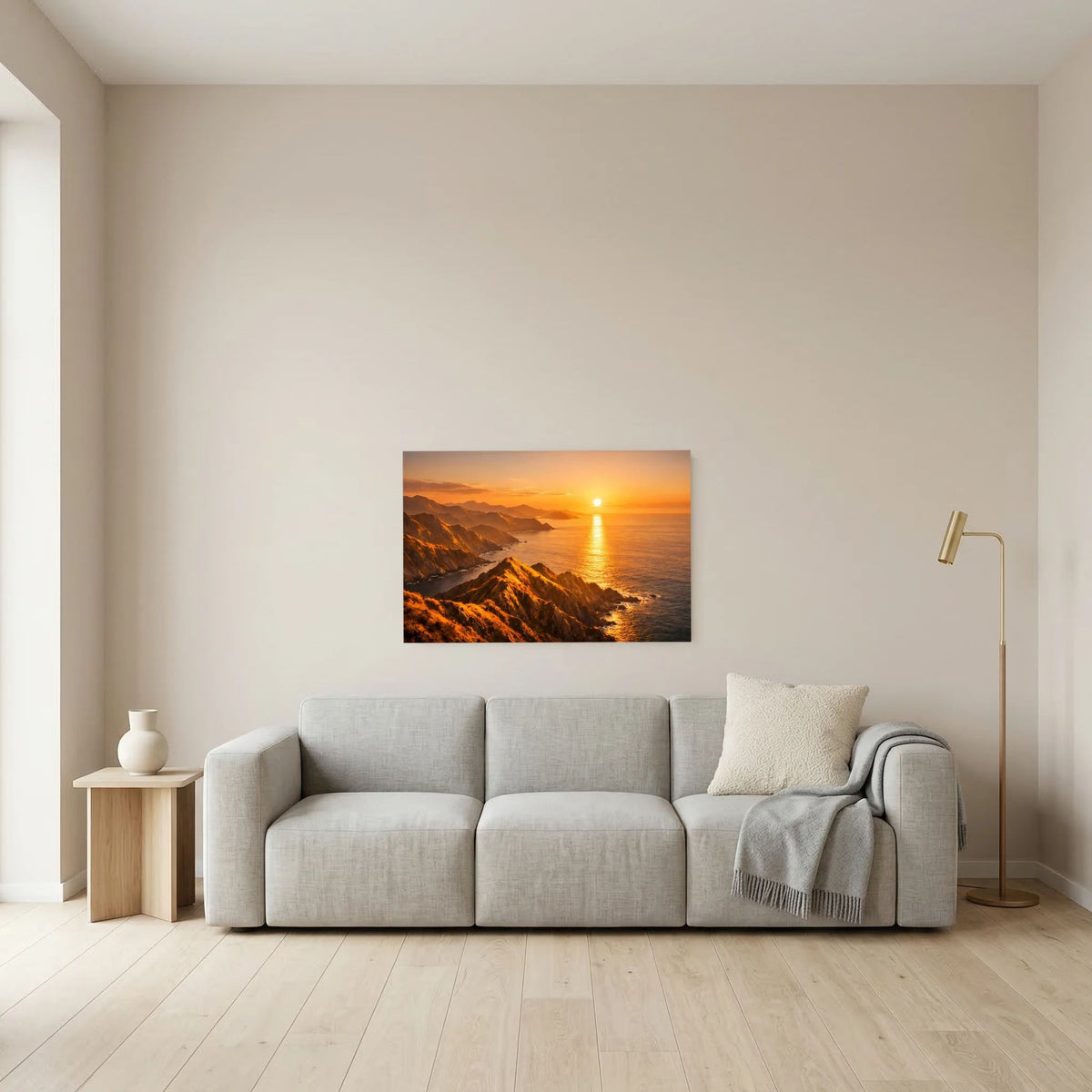 Wandbild klein an der Wand: Sonnenuntergang über Küstenklippen mit Sonnenreflex auf dem Meer