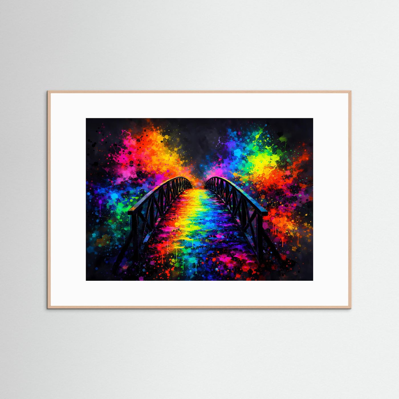 Gerahmtes Querformat-Kunstbild: Regenbogenbrücke mit Farbsprenkeln, heller Holzrahmen