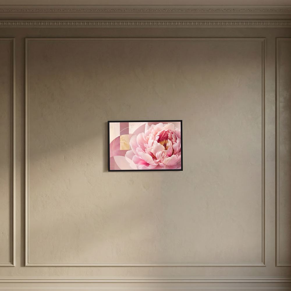 Wandposter im Querformat mit pastellrosa Pfingstrose, dunkler Rahmen