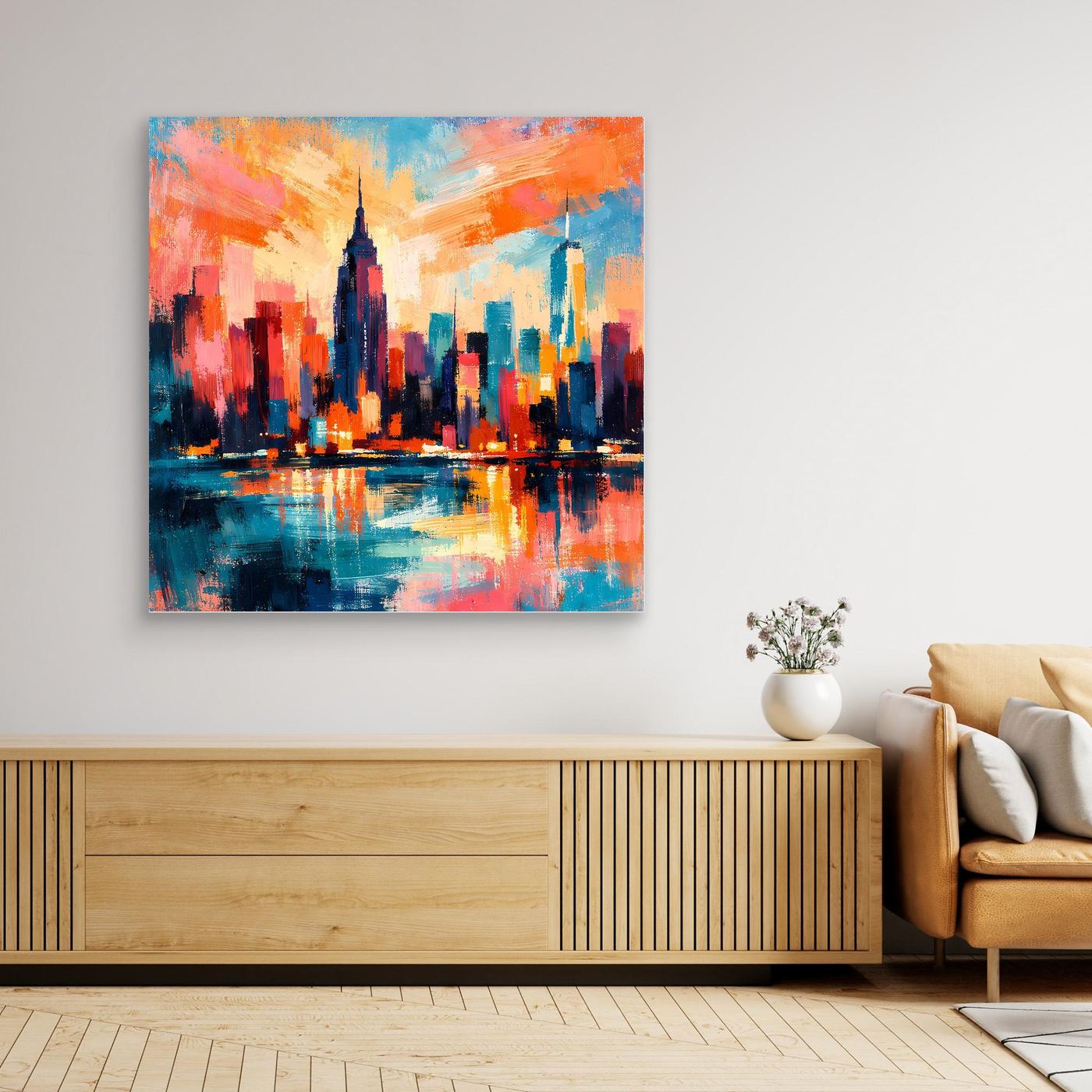 Abstraktes Leinwand-Wandbild mit hellem Holzrahmen: Skyline in Orange, Blau und dunklen Reflexen