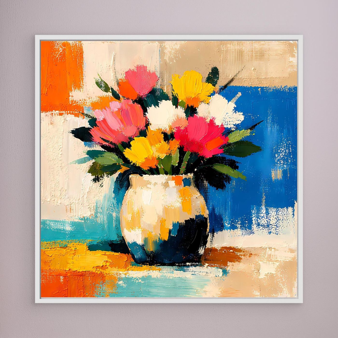 Wall art canvas of colorful bouquet in a vase, with white frame