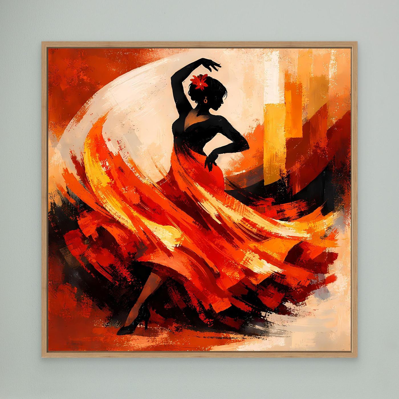 Leinwandbild Flamenco-Tänzerin mit Holzrahmen, rote und orange Pinselstriche