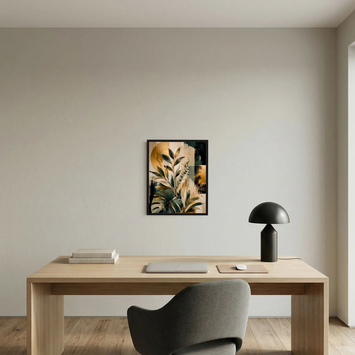 Gerahmtes Kunstposter mit abstraktem Blattmotiv in Grün- und Goldtönen