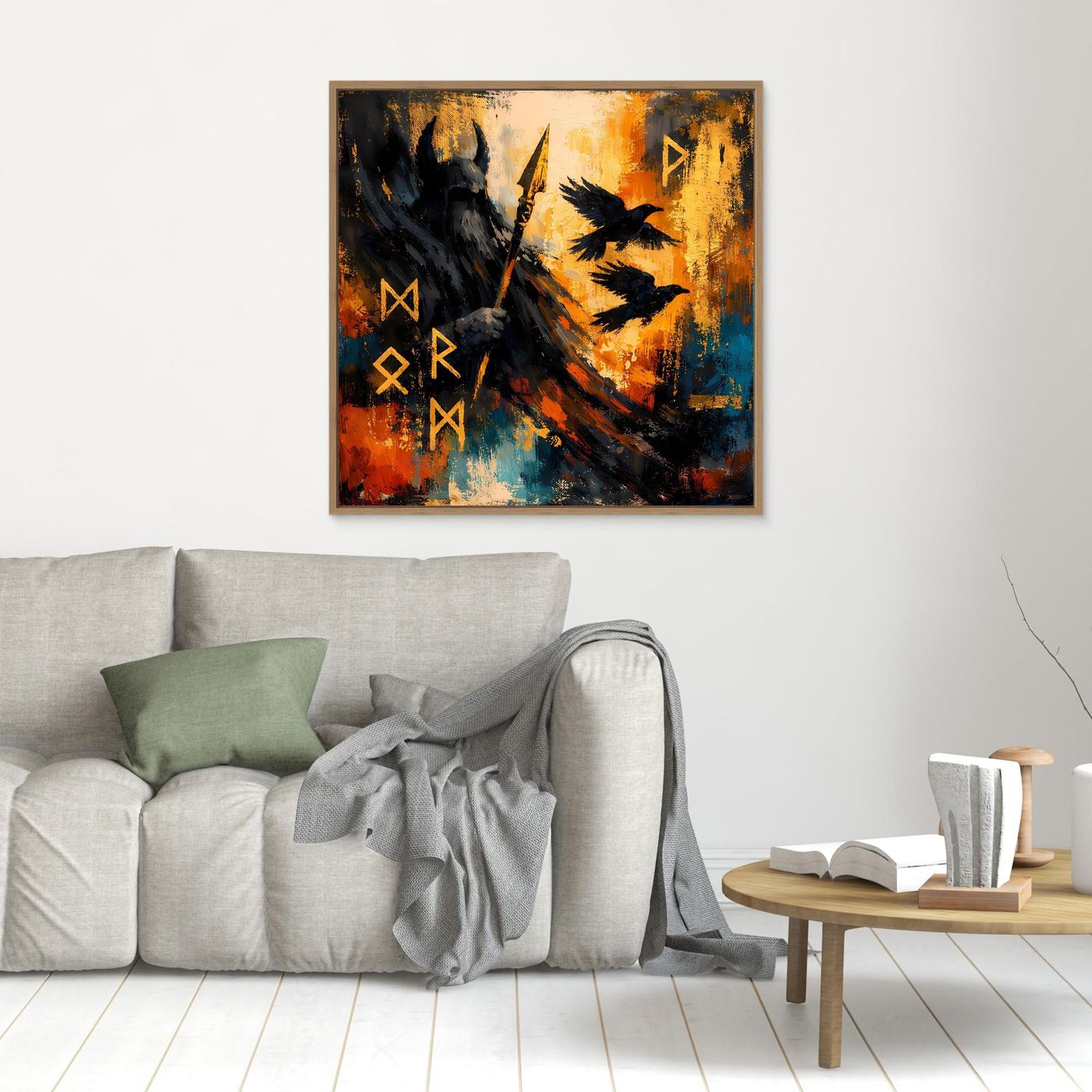Kleines abstraktes Wandbild: Odin mit Speer und Runen, holzfarbener Rahmen