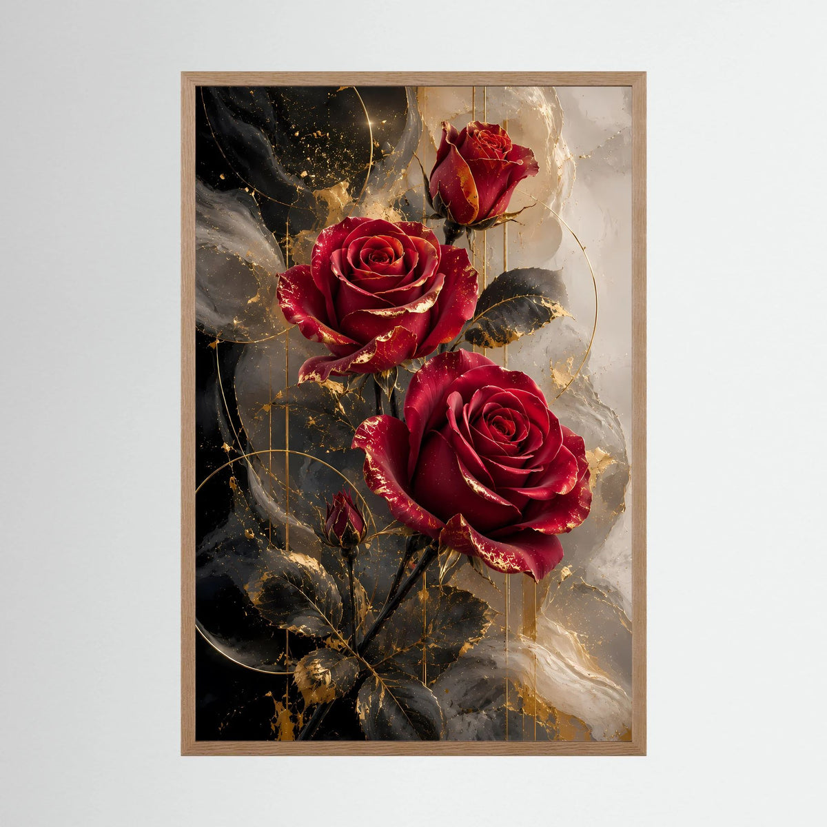 Hochformat-Poster mit rubinroten Rosen in goldenen Wirbeln, im hellen Holzrahmen