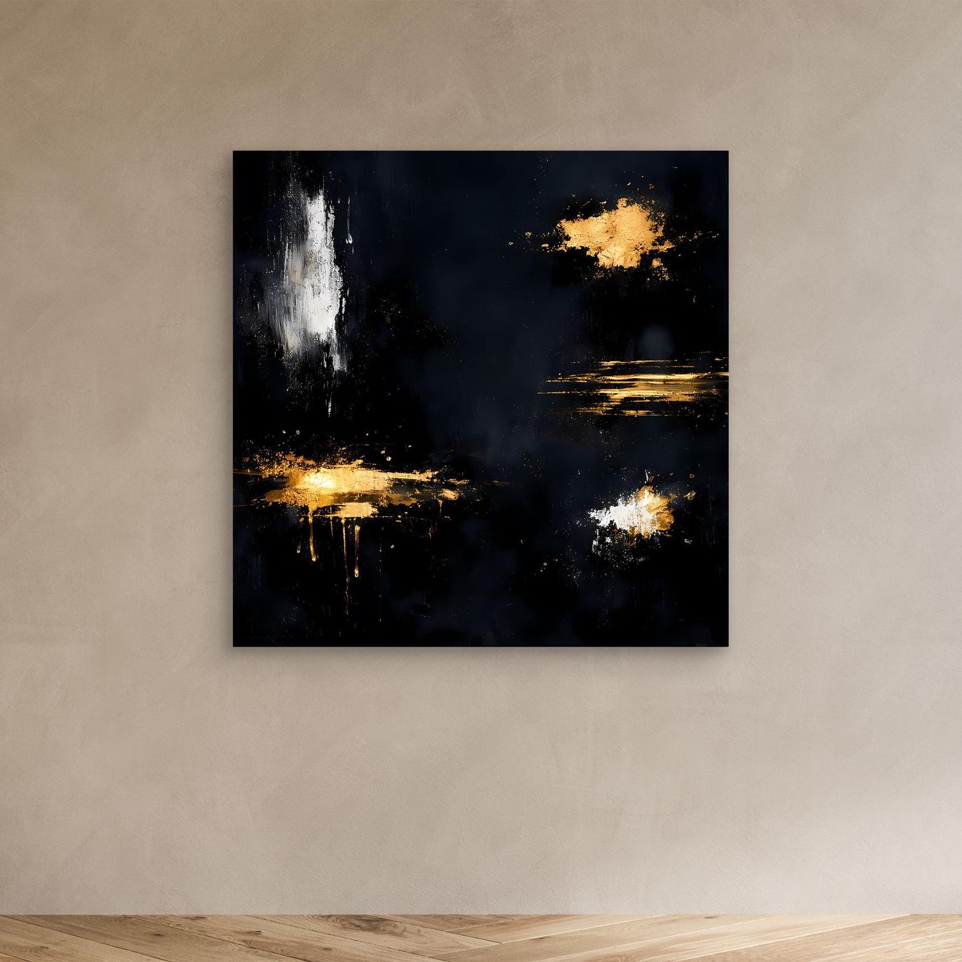 Leinwand Goldene Lichtakzente auf Schwarz | Modernes Abstraktes Minimalismus Wandbild