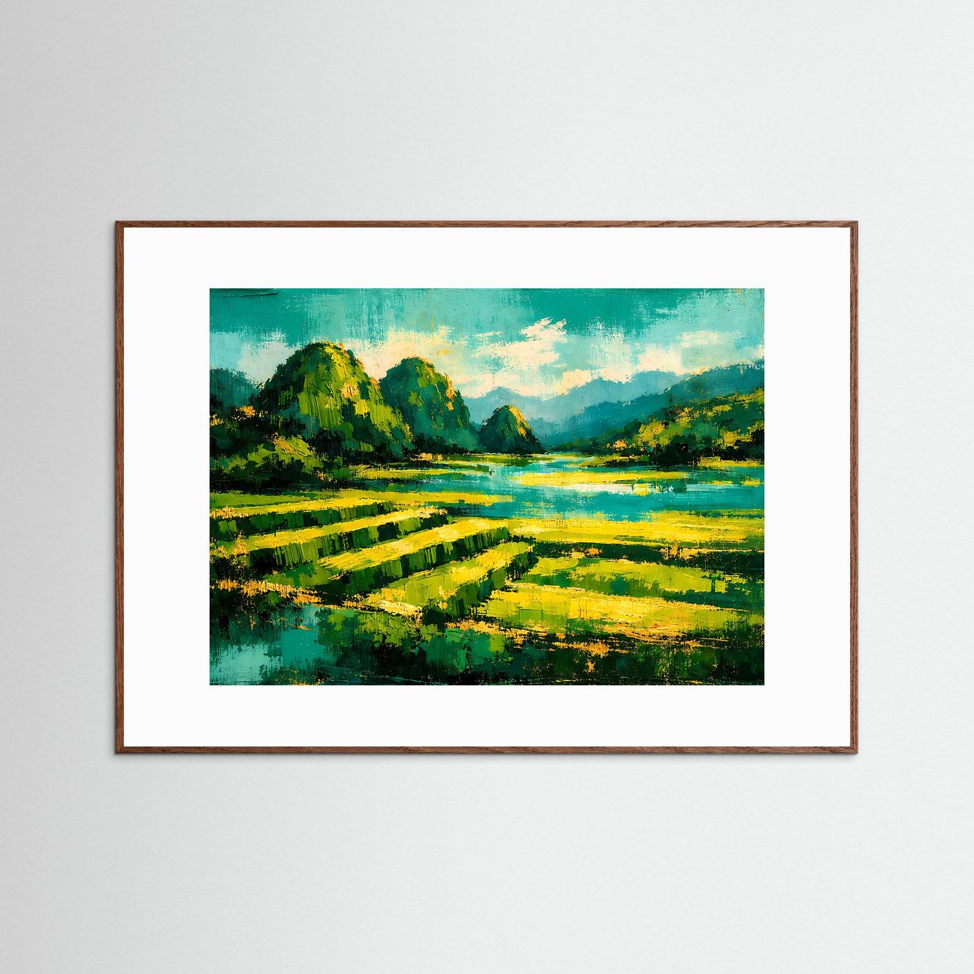 Naturposter mit türkisfarbenem Fluss und grünen Reisterrassen, brauner Holzrahmen