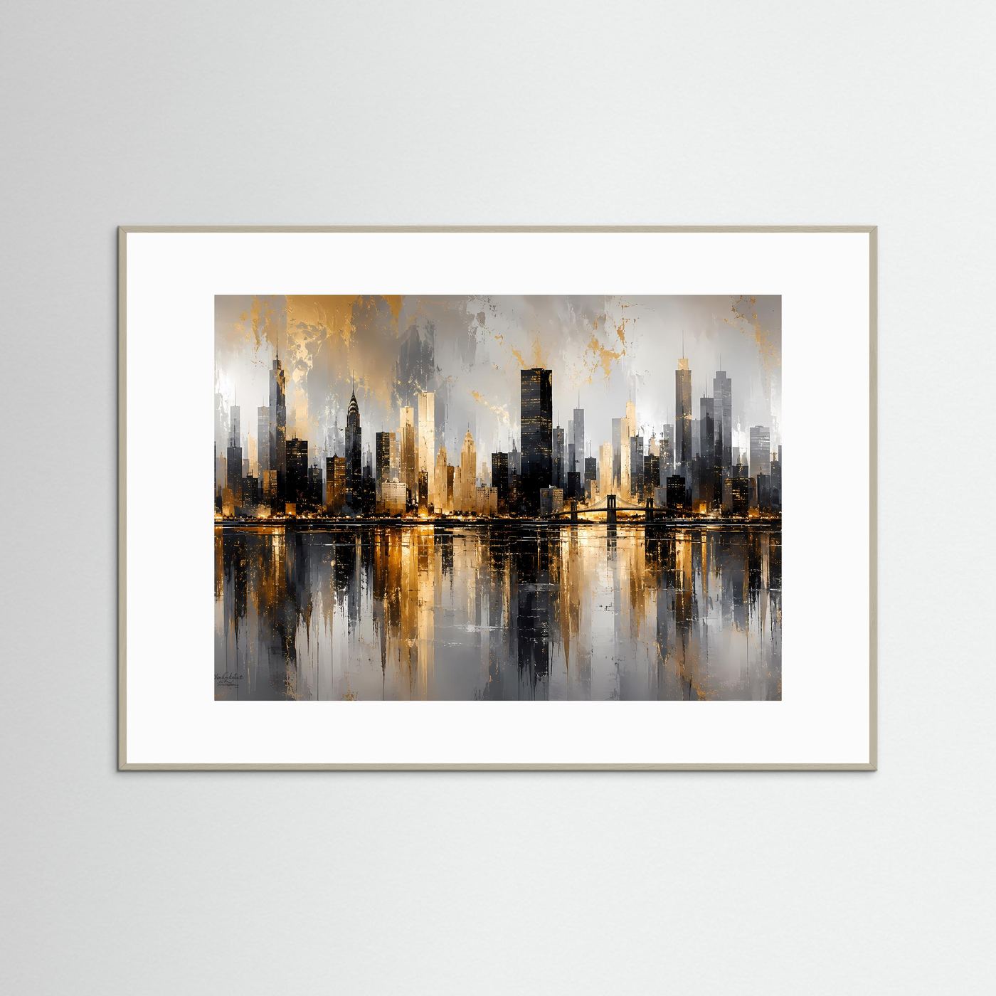 Stadtkunst-Poster im Querformat mit Skyline am Wasser, heller Rahmen