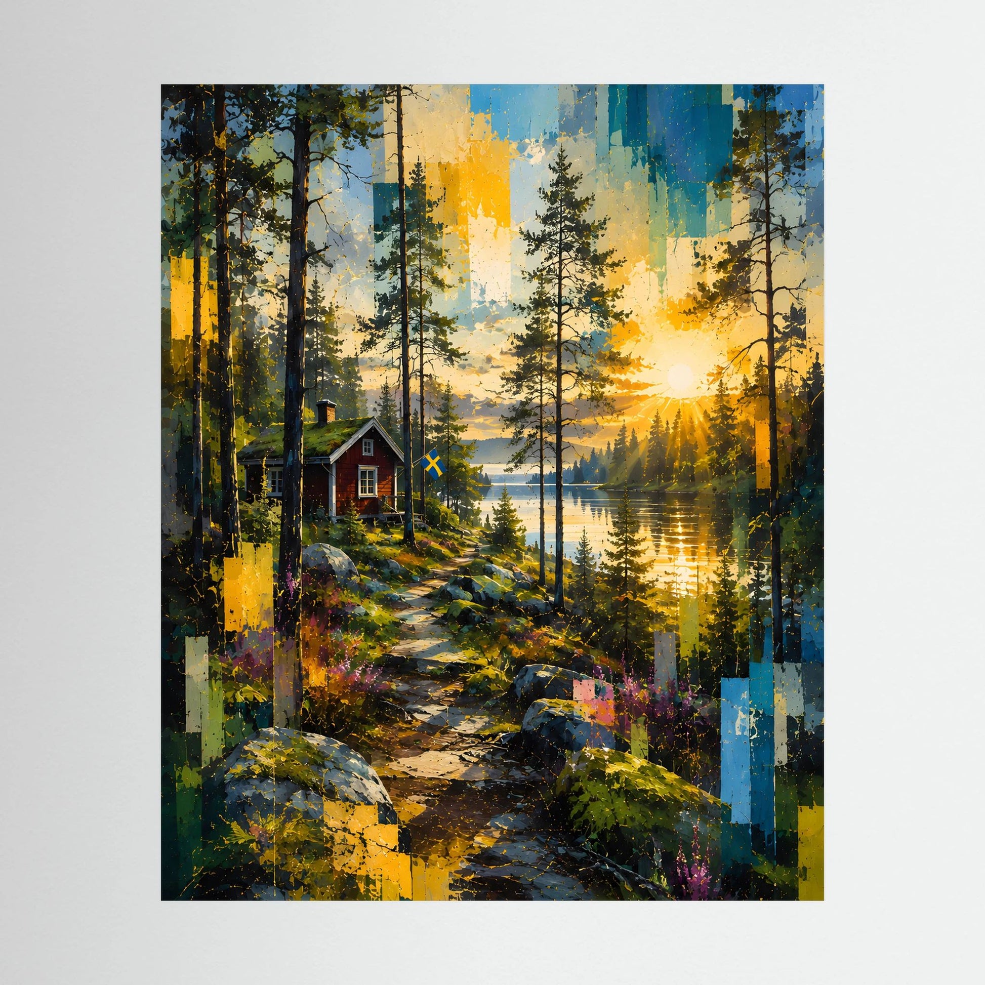 Hochformatiges Poster mit Waldweg am See, Sonnenuntergang und rotem Haus
