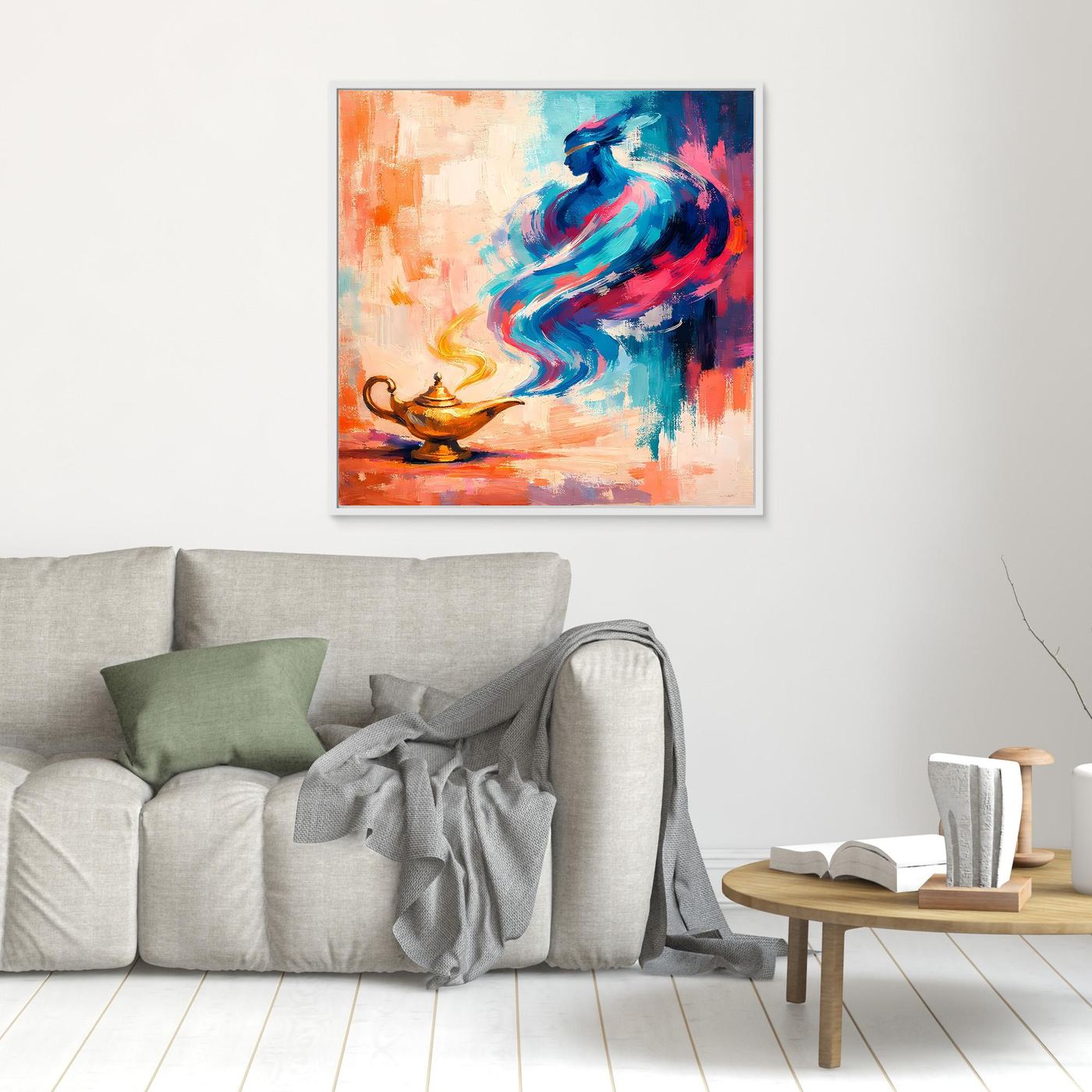 Wandbild mit abstraktem Flaschengeist, weißer Rahmen, blaue und orange Farbfelder