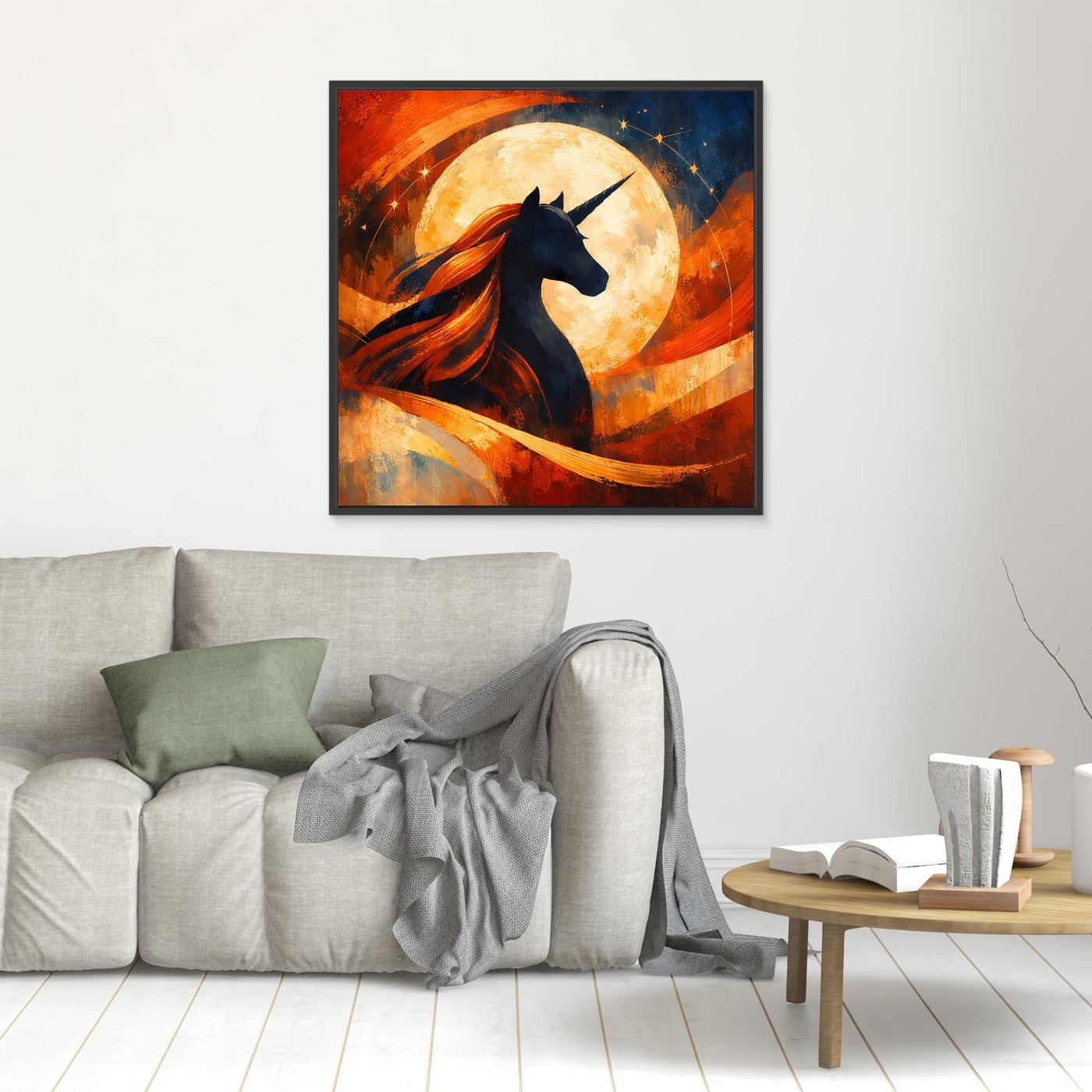 Kleines gerahmtes Leinwandbild mit Einhornsilhouette vor Vollmond, schwarzer Rahmen, abstrakt